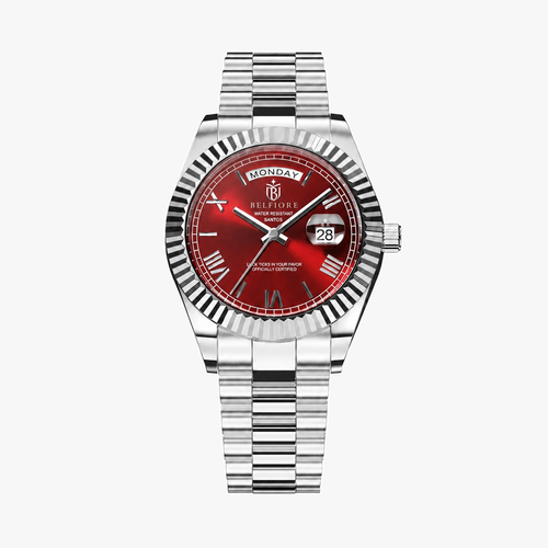 Marco Belfiore Santos men's stainless steel quartz watch, Roman numeral dial and fluted bezel, Red / Silver colorway