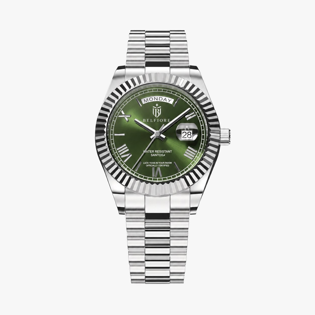 Marco Belfiore Santos men's stainless steel quartz watch, Roman numeral dial and fluted bezel, Green / Silver colorway