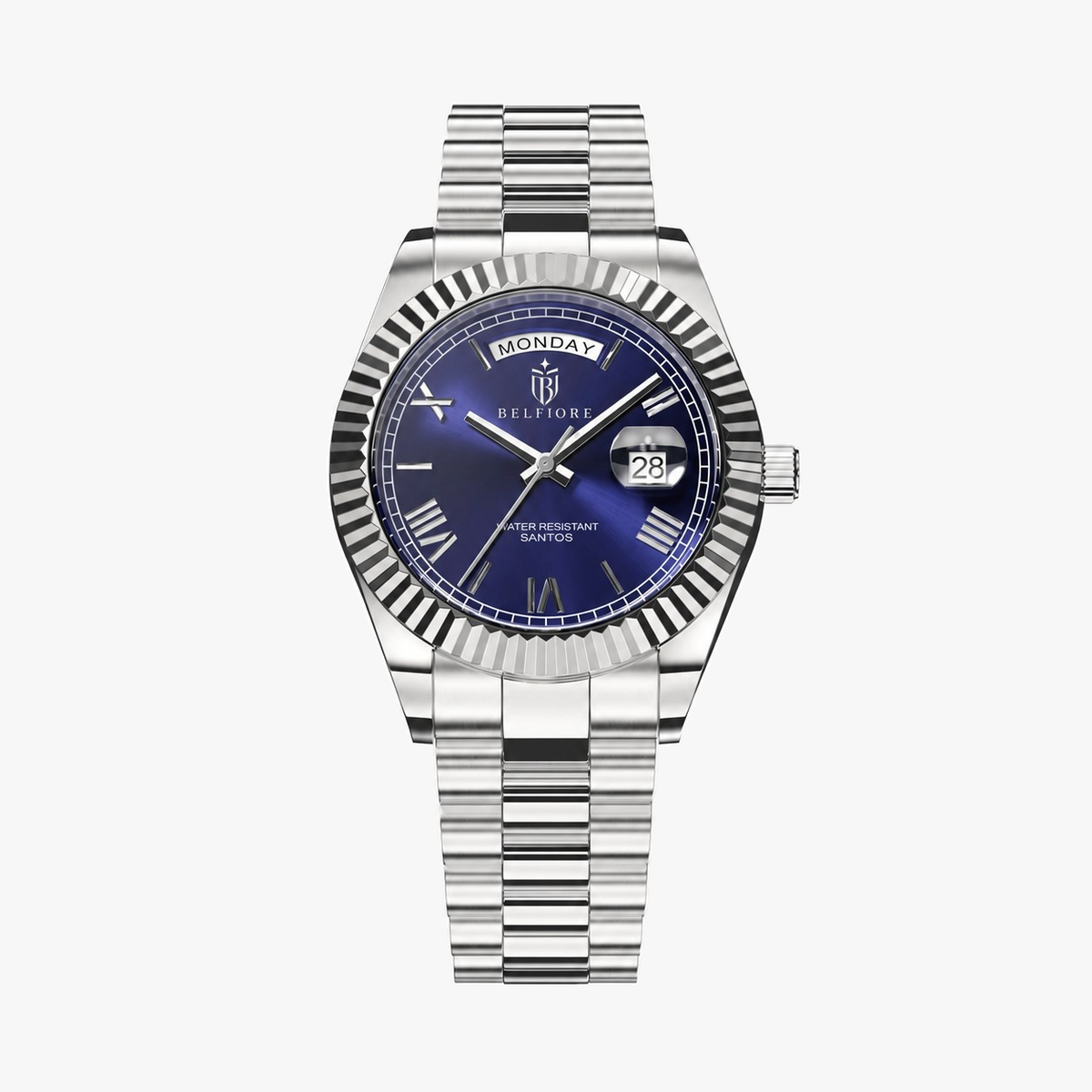 Marco Belfiore Santos men's stainless steel quartz watch, Roman numeral dial and fluted bezel, Blue / Silver colorway