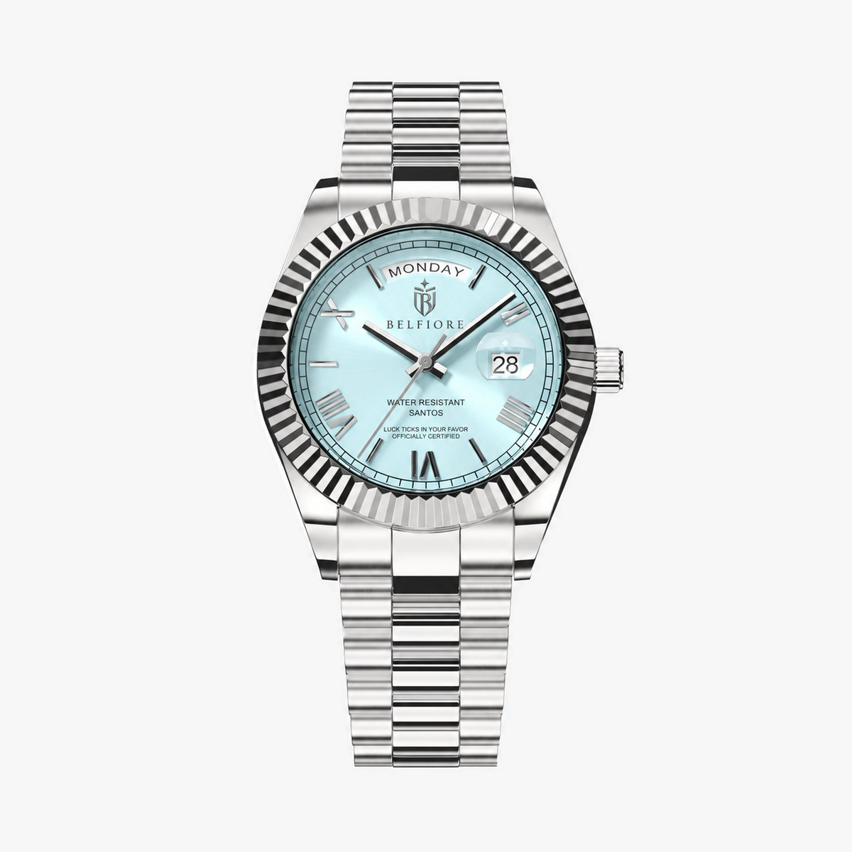 Marco Belfiore Santos men's stainless steel quartz watch, Roman numeral dial and fluted bezel, Light Blue / Silver colorway