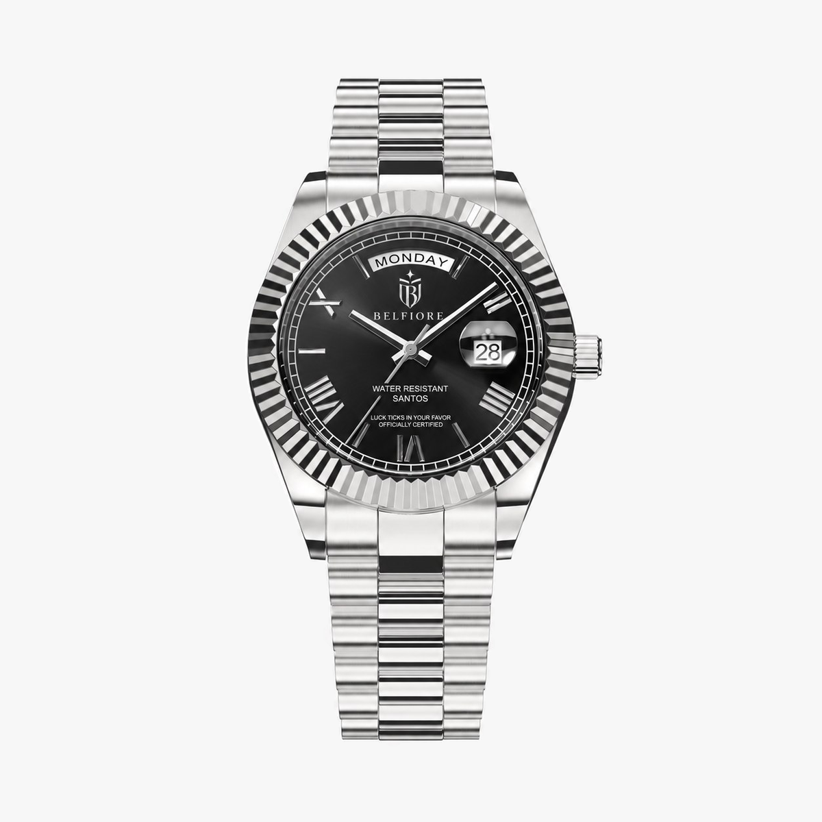 Marco Belfiore Santos men's stainless steel quartz watch, Roman numeral dial and fluted bezel, Black / Silver colorway