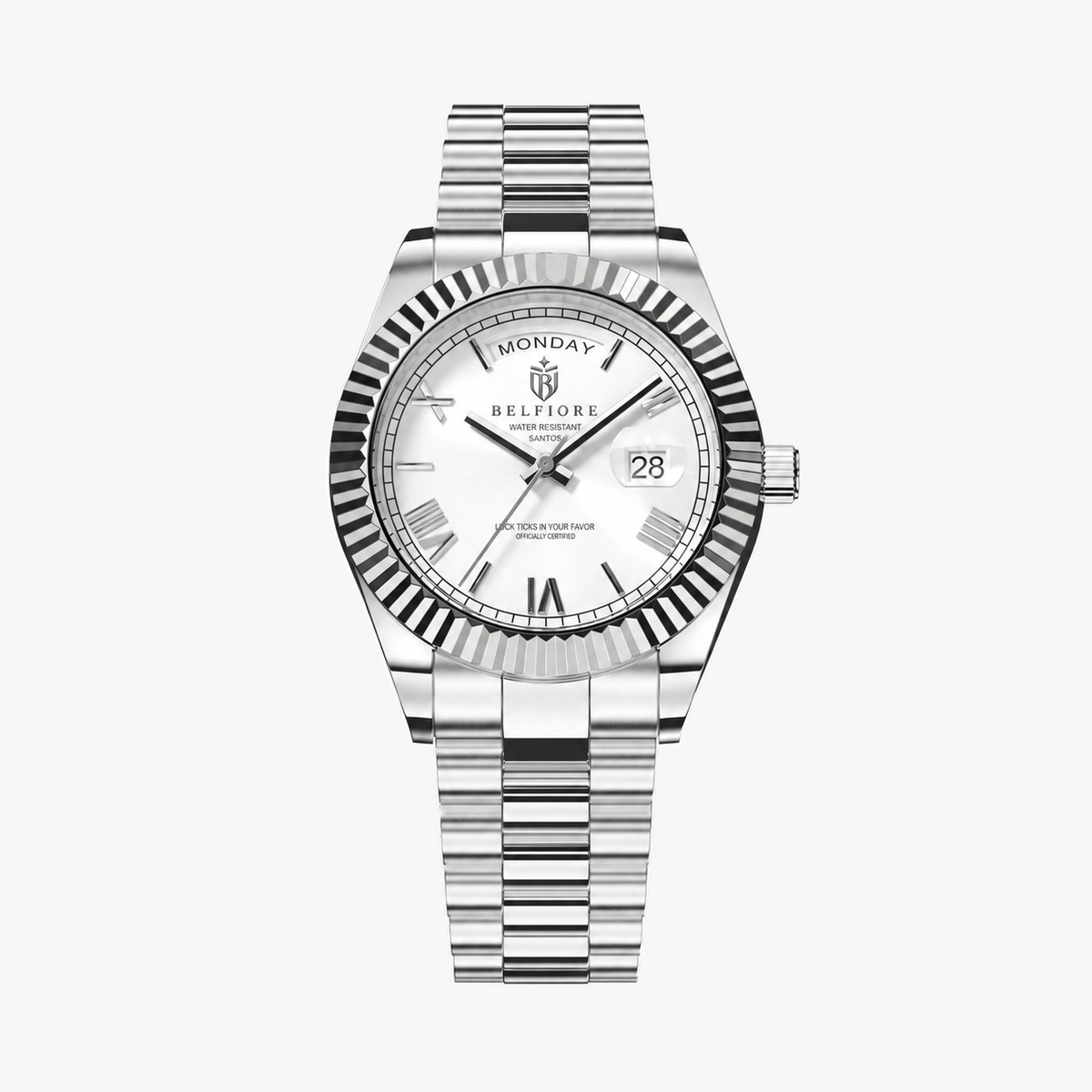 Marco Belfiore Santos men's stainless steel quartz watch, Roman numeral dial and fluted bezel, White / Silver colorway