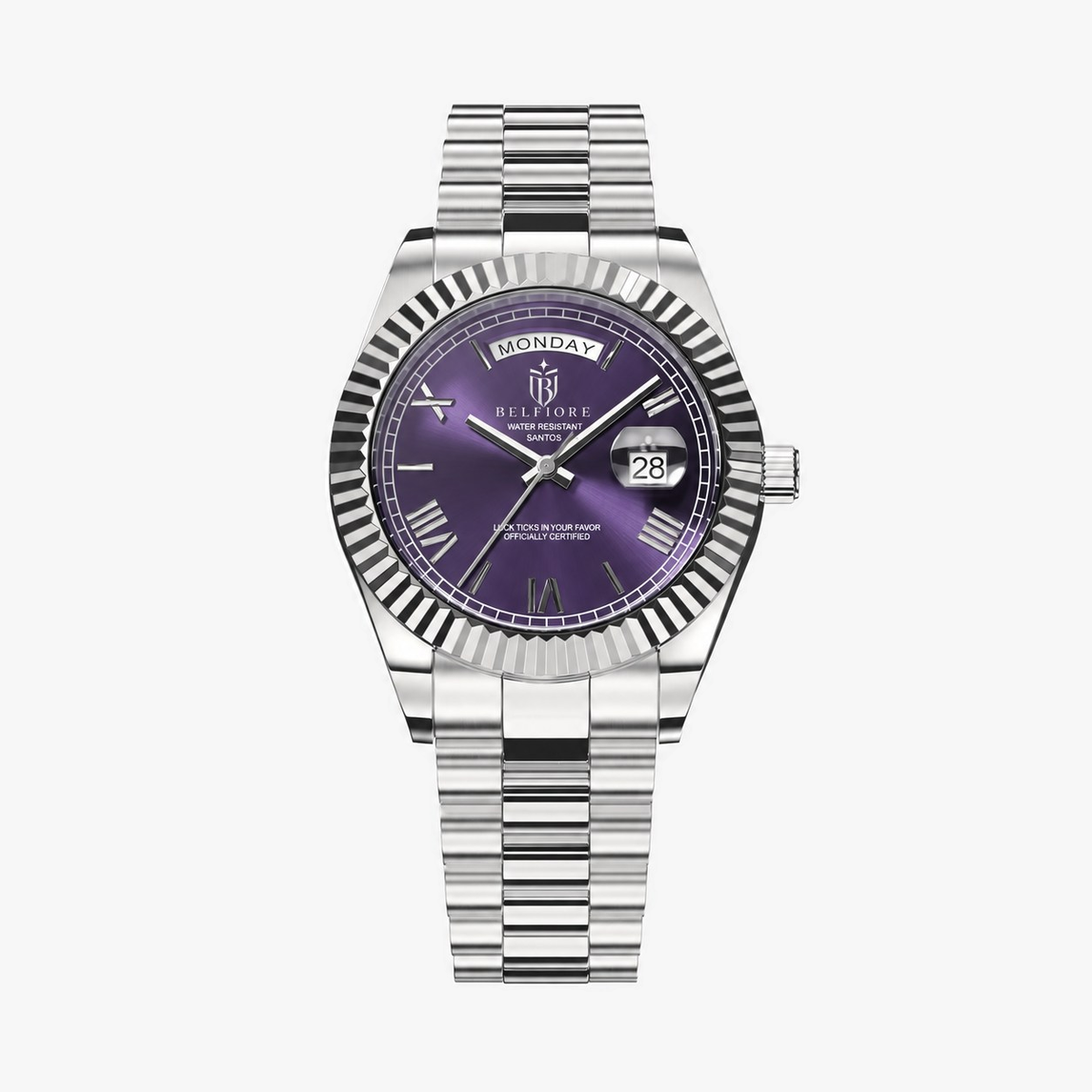 Marco Belfiore Santos men's stainless steel quartz watch, Roman numeral dial and fluted bezel, Purple / Silver colorway