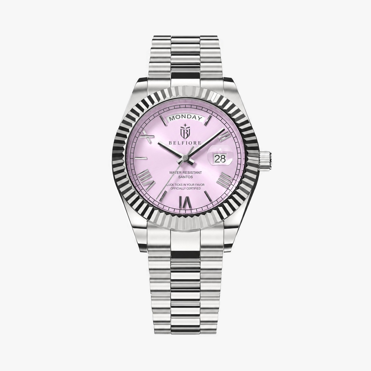Marco Belfiore Santos men's stainless steel quartz watch, Roman numeral dial and fluted bezel, Pink / Silver colorway