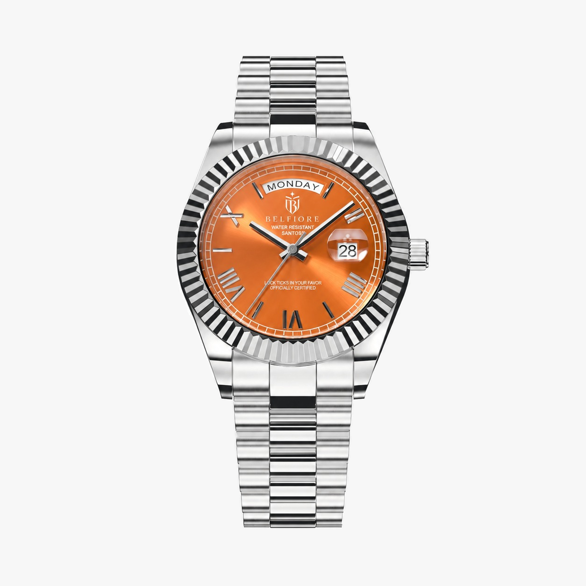 Marco Belfiore Santos men's stainless steel quartz watch, Roman numeral dial and fluted bezel, Orange / Silver colorway