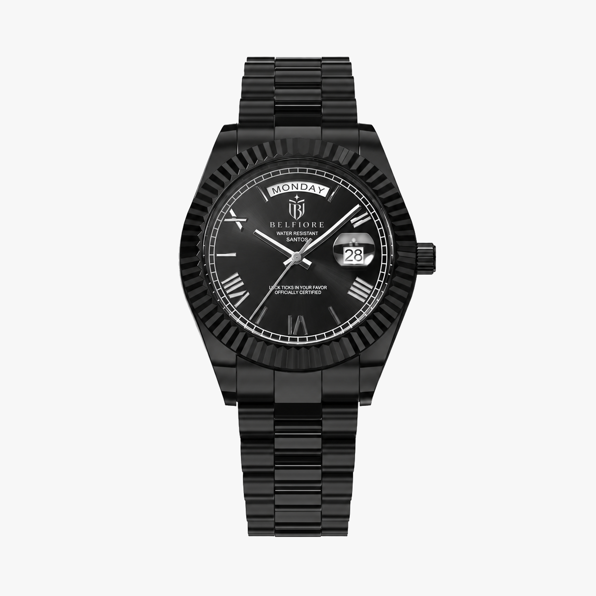 Marco Belfiore Santos men's stainless steel quartz watch, Roman numeral dial and fluted bezel, All Black colorway