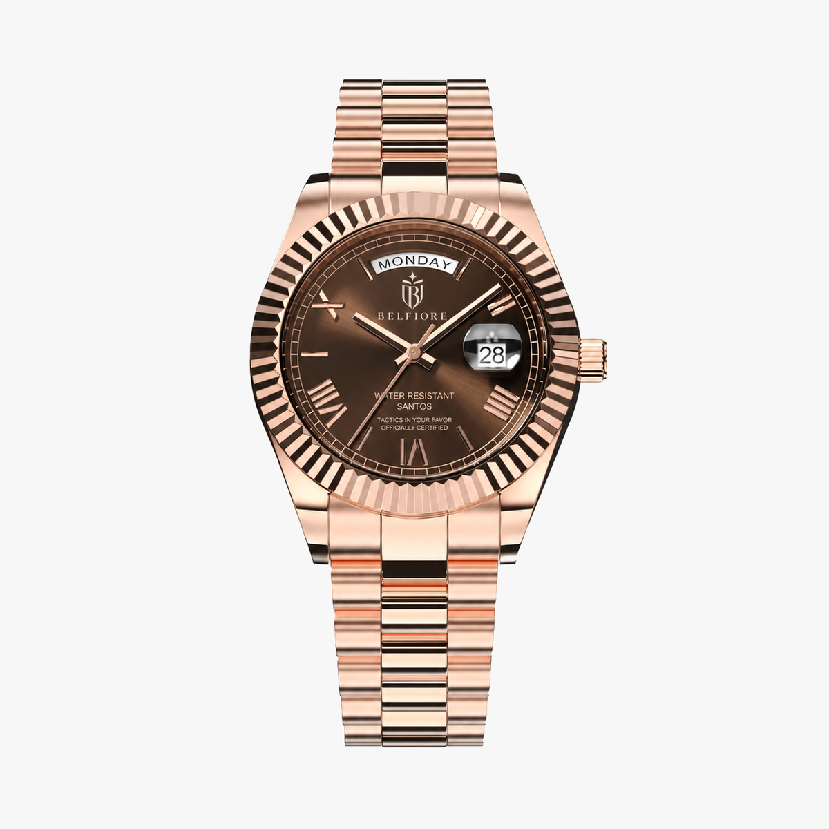 Marco Belfiore Santos men's stainless steel quartz watch, Roman numeral dial and fluted bezel, Brown / Rose Gold colorway