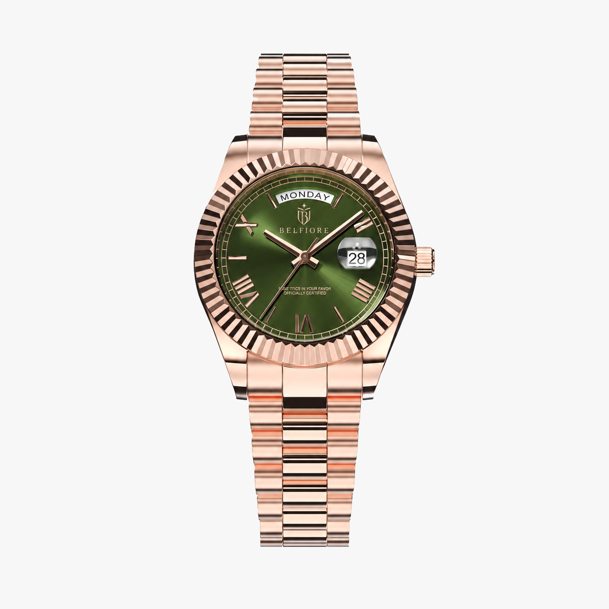 Marco Belfiore Santos men's stainless steel quartz watch, Roman numeral dial and fluted bezel, Green / Rose Gold colorway