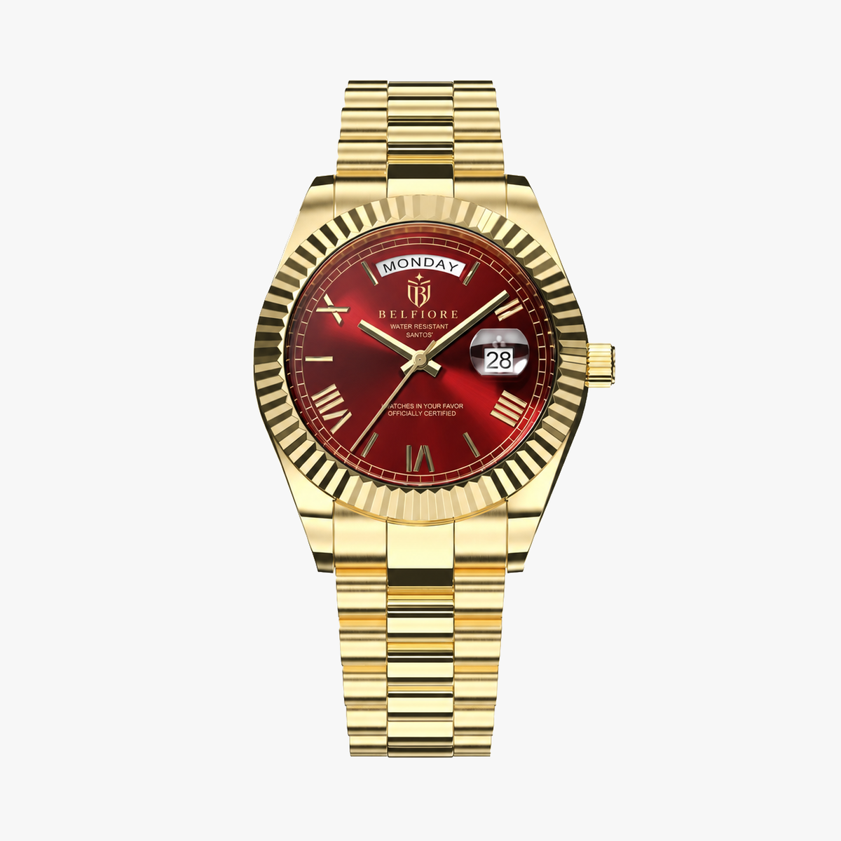 Marco Belfiore Santos men's stainless steel quartz watch, Roman numeral dial and fluted bezel, Red / Gold colorway