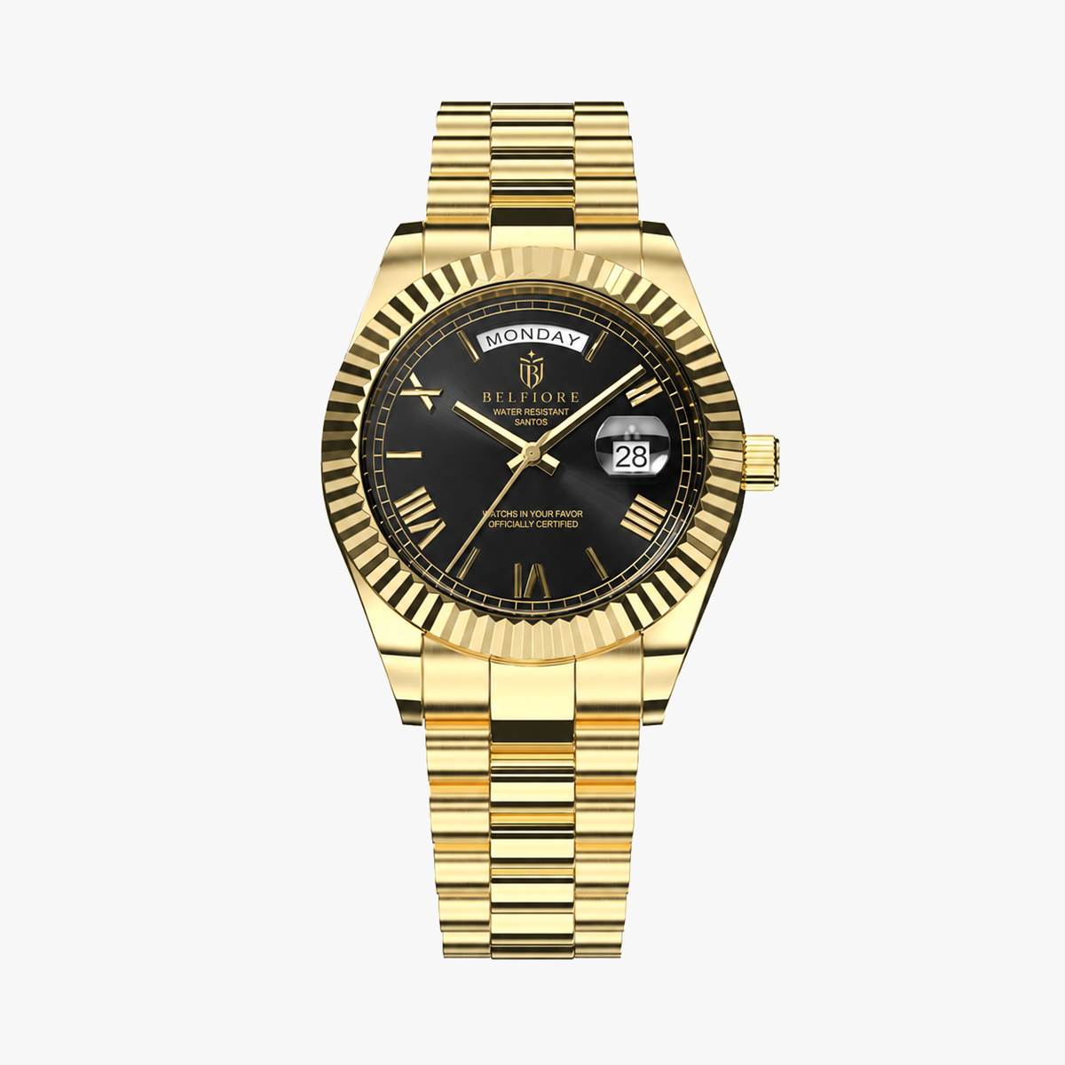 Marco Belfiore Santos men's stainless steel quartz watch, Roman numeral dial and fluted bezel, Black / Gold colorway