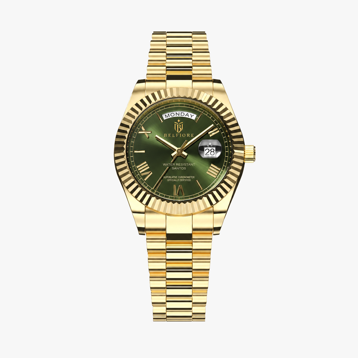 Marco Belfiore Santos men's stainless steel quartz watch, Roman numeral dial and fluted bezel, Green / Gold colorway