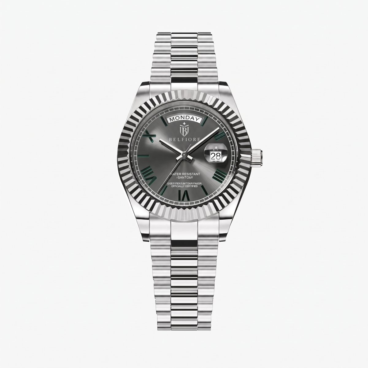 Marco Belfiore Santos men's stainless steel quartz watch, Roman numeral dial and fluted bezel, Grey / Silver colorway