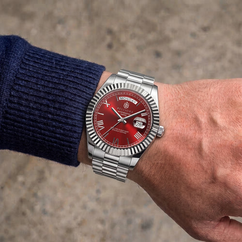 Marco Belfiore Santos men's stainless steel quartz watch, Roman numeral dial and fluted bezel, product view 1